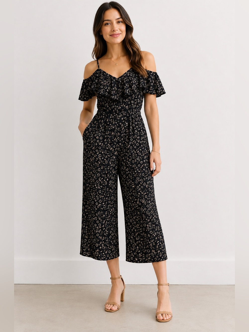 Xhilaration Target Black Floral Off-Shoulder Cropped Jumpsuit | Size M | NWOT
